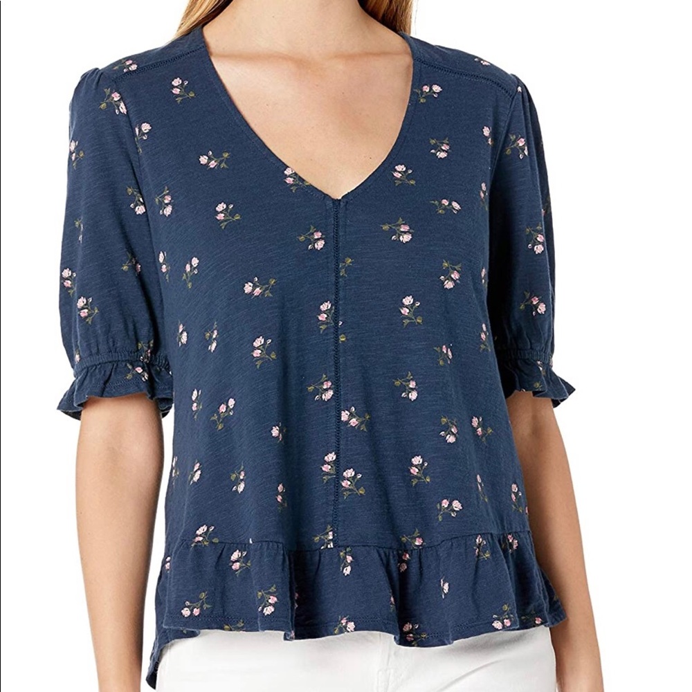 Short Sleeve V Neck Printed Peasant Top